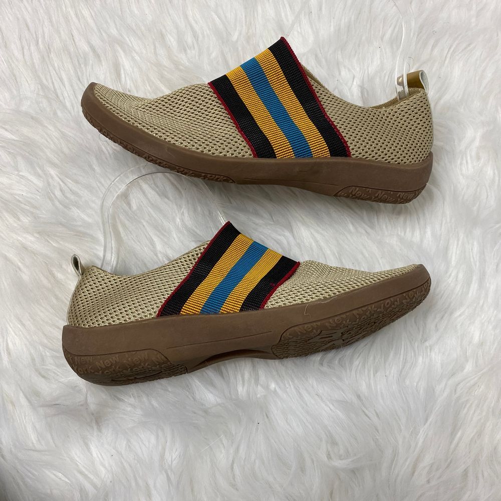 bernie mev. Beige Mesh Slip-On Athletic Shoes with Blue, Yellow & Black Stripes